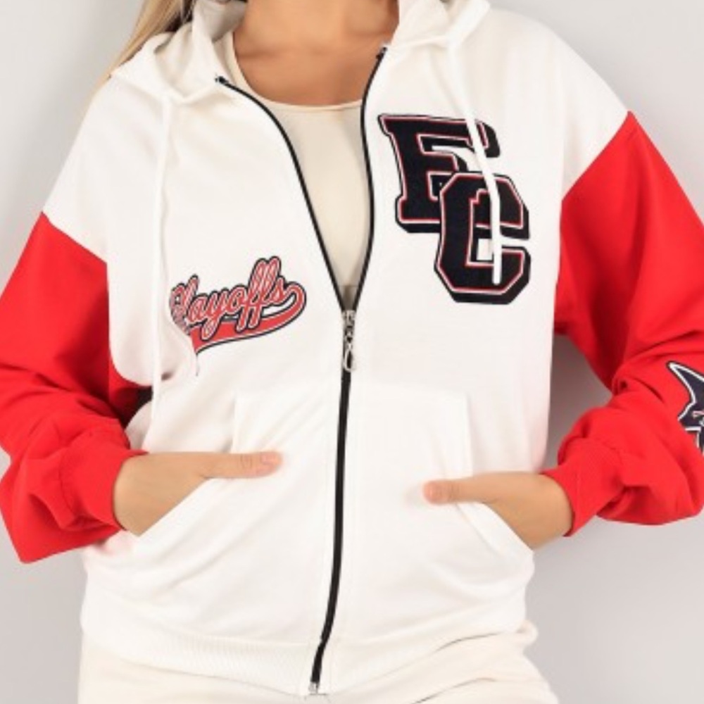 4/$25 Divided White and Red Zip-Up Hoodie with Varsity Patches